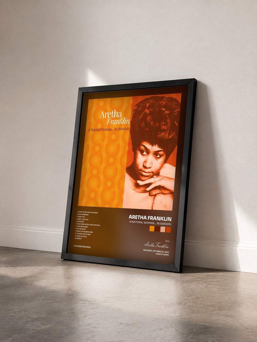 #noir Tableau de l'album A Natural Woman... in Sweden de Aretha Franklin vu de trois quarts, cadre noir