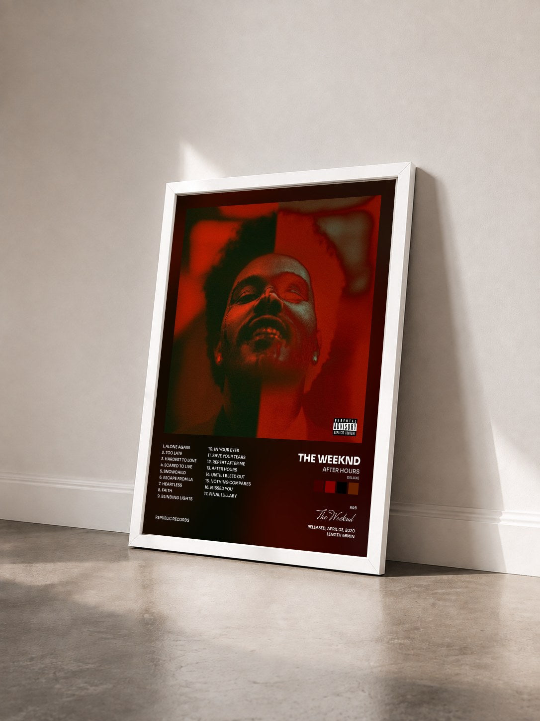 #blanc Tableau de l'album After Hours (Deluxe) de The Weeknd vu de trois quarts, cadre blanc