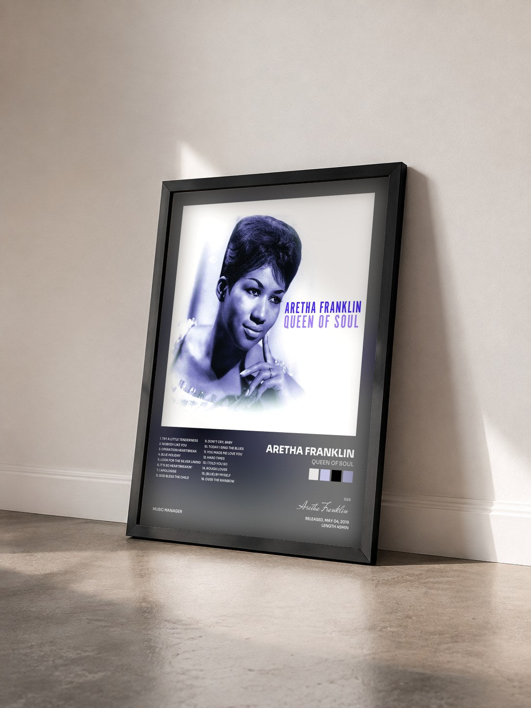 #noir Tableau de l'album Queen of Soul de Aretha Franklin vu de trois quarts, cadre noir