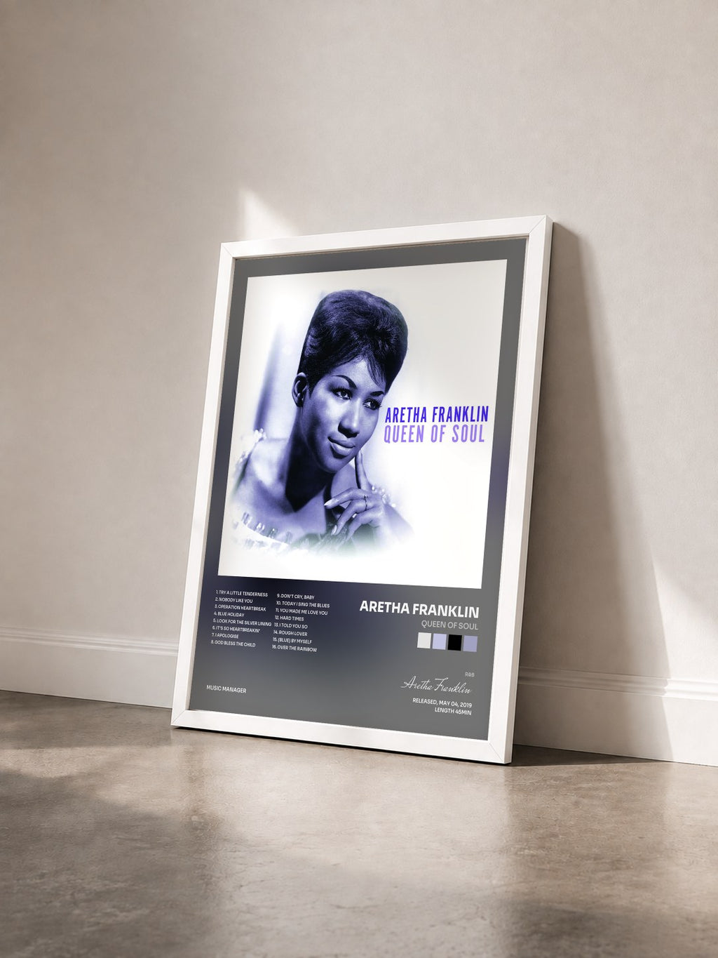 #blanc Tableau de l'album Queen of Soul de Aretha Franklin vu de trois quarts, cadre blanc