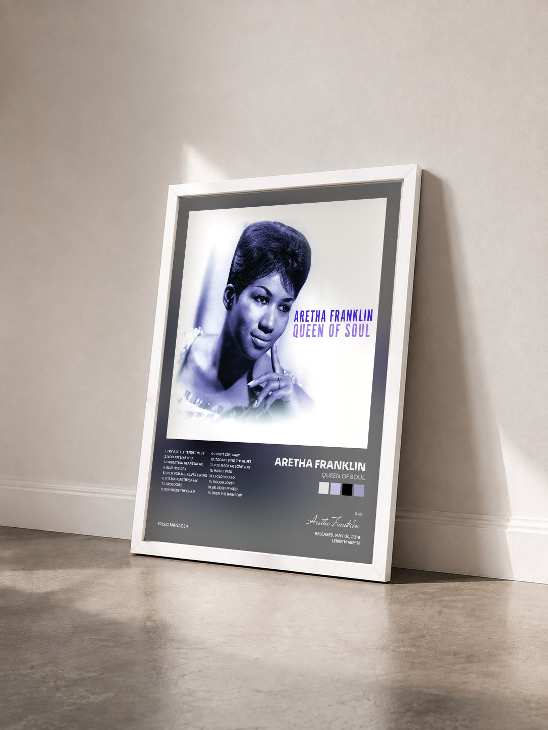 #blanc Tableau de l'album Queen of Soul de Aretha Franklin vu de trois quarts, cadre blanc