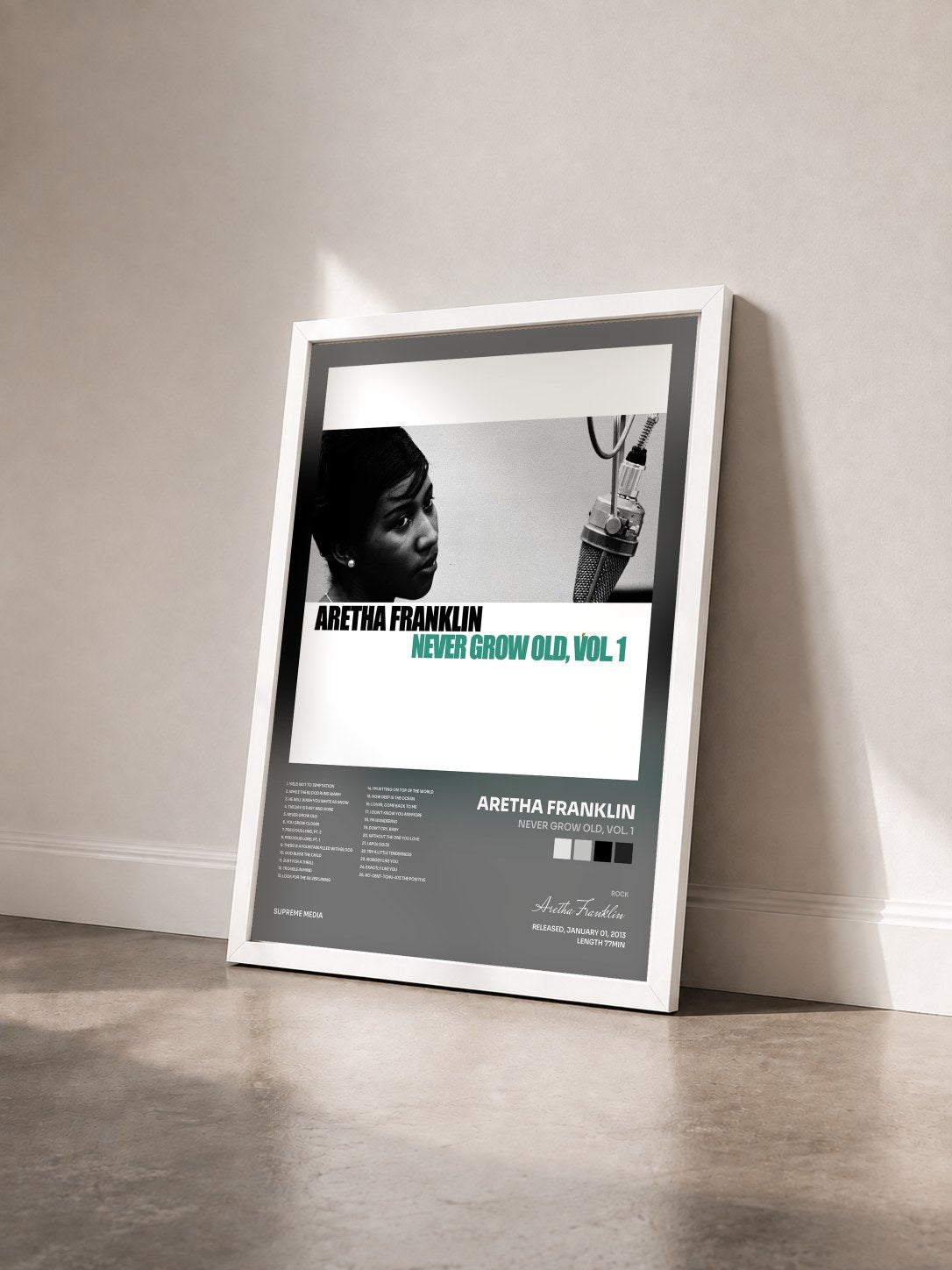 #blanc Tableau de l'album Never Grow Old, Vol. 1 de Aretha Franklin vu de trois quarts, cadre blanc