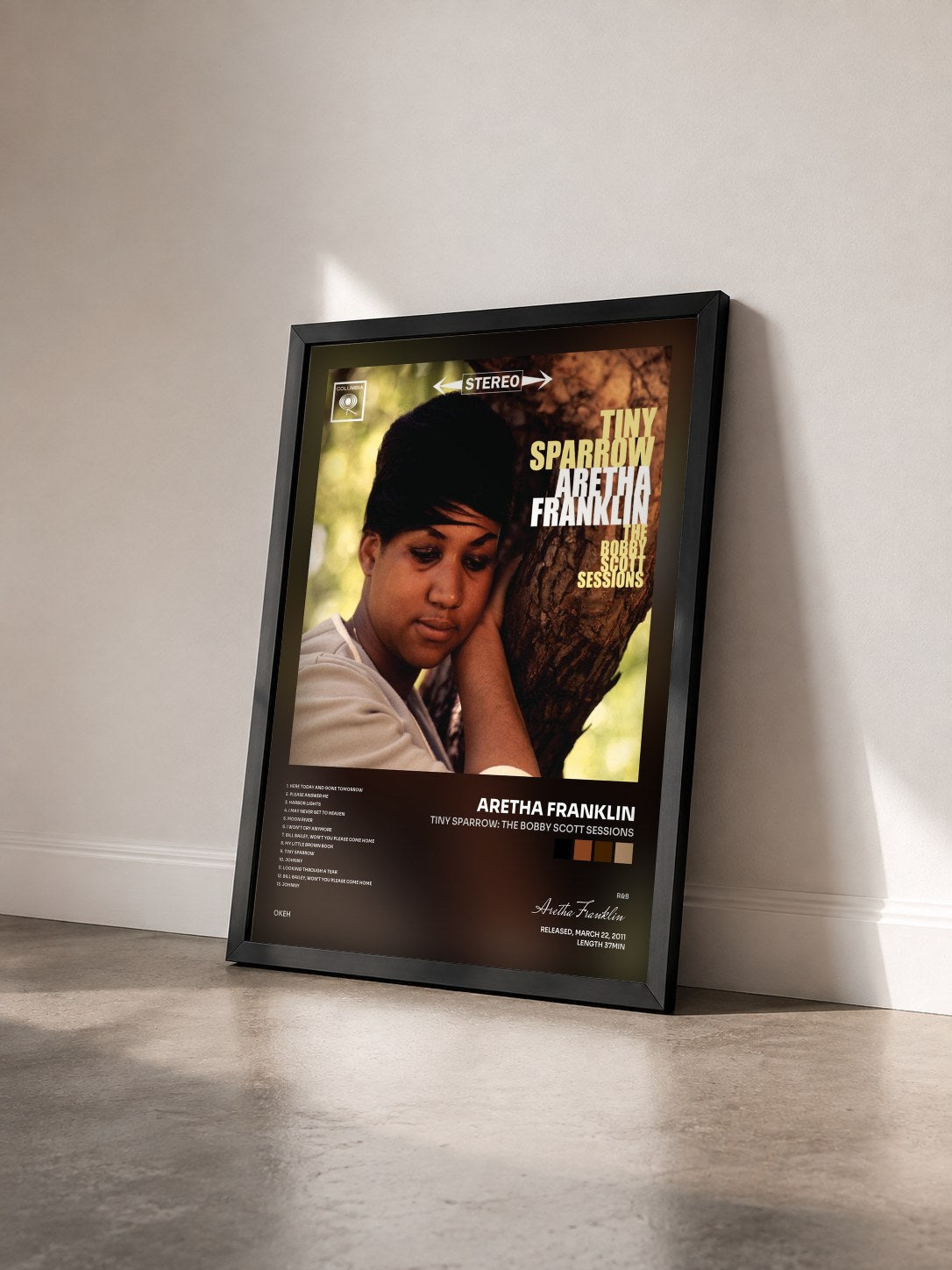 #noir Tableau de l'album Tiny Sparrow: The Bobby Scott Sessions de Aretha Franklin vu de trois quarts, cadre noir