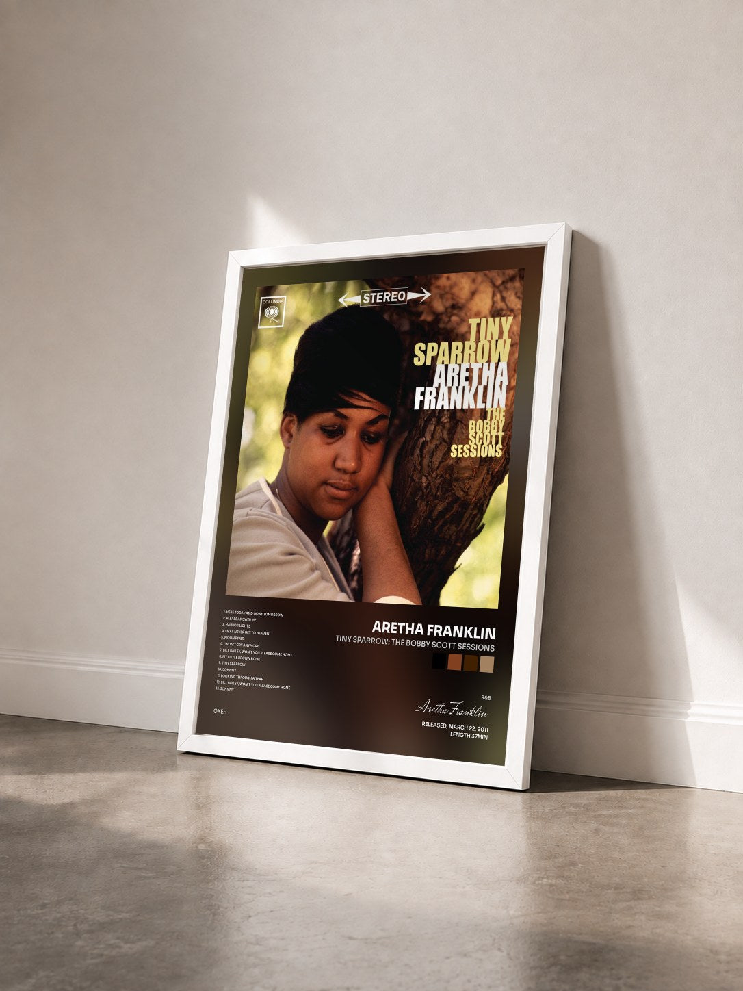 #blanc Tableau de l'album Tiny Sparrow: The Bobby Scott Sessions de Aretha Franklin vu de trois quarts, cadre blanc