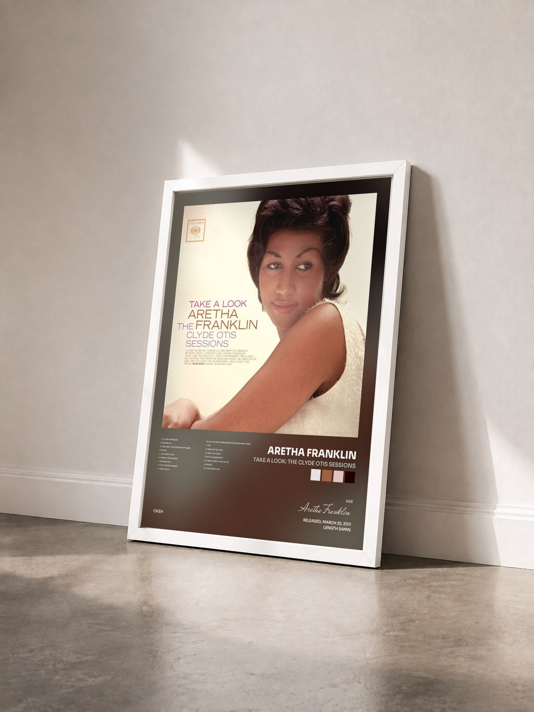 #blanc Tableau de l'album Take A Look: The Clyde Otis Sessions de Aretha Franklin vu de trois quarts, cadre blanc
