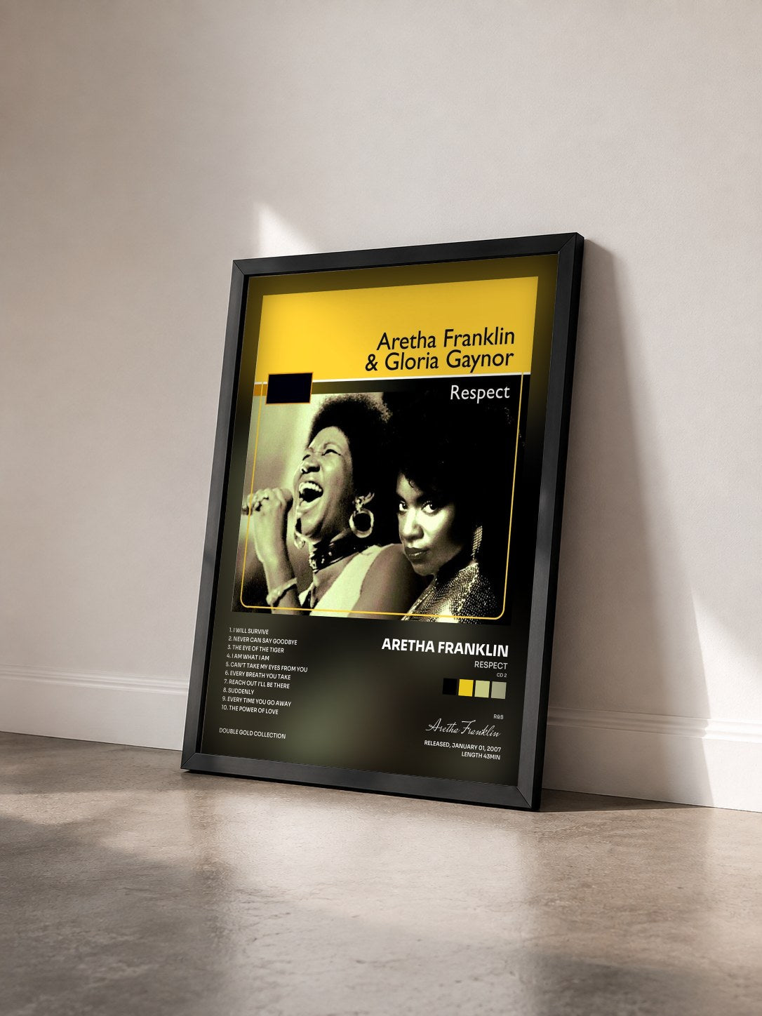 #noir Tableau de l'album Respect (CD 2) de Aretha Franklin vu de trois quarts, cadre noir