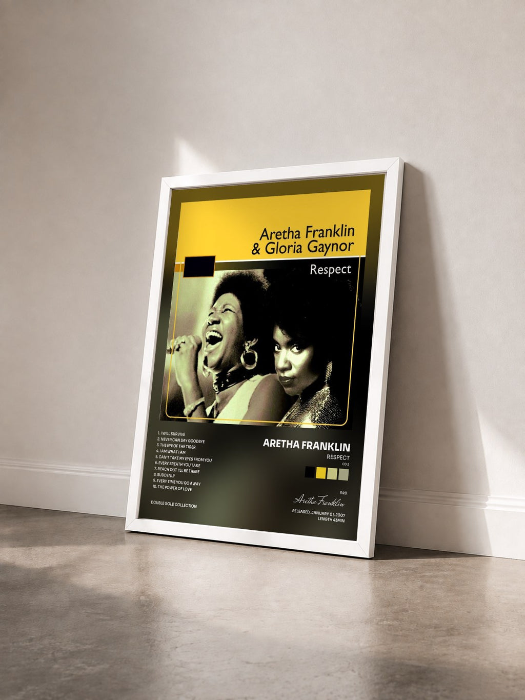 #blanc Respect (CD 2) di Aretha Franklin in stampa incorniciata vista di tre quarti, cornice bianca