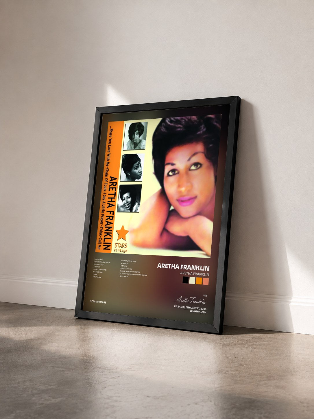 #noir Tableau de l'album Aretha Franklin de Aretha Franklin vu de trois quarts, cadre noir
