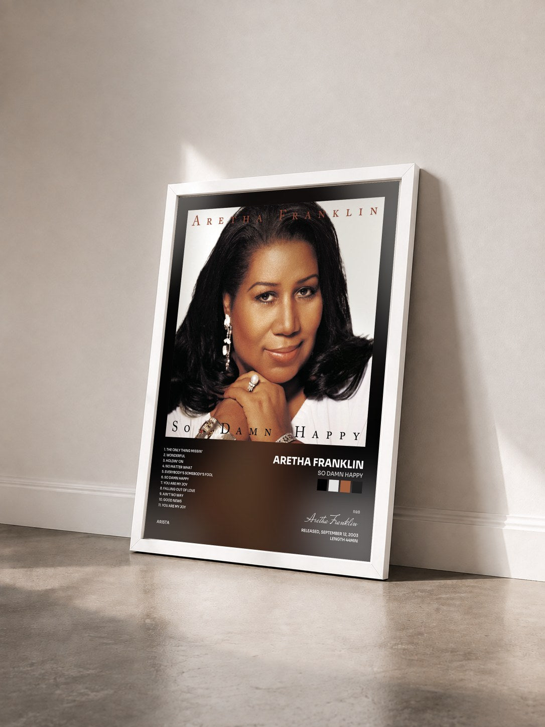 #blanc Tableau de l'album So Damn Happy de Aretha Franklin vu de trois quarts, cadre blanc
