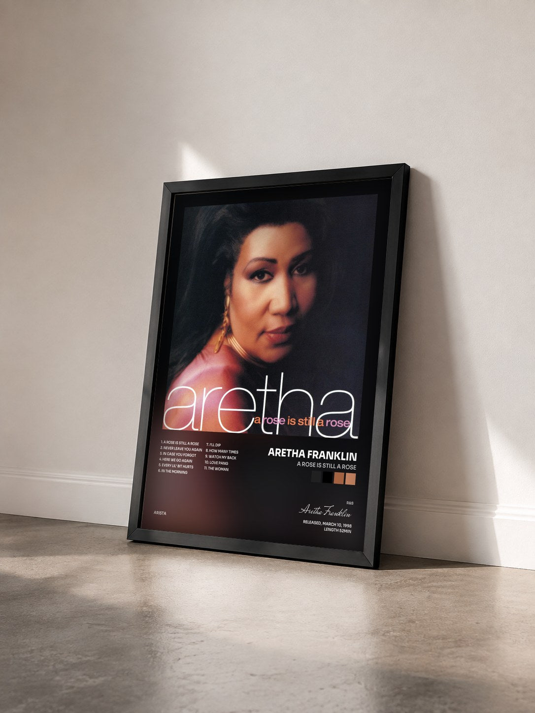 #noir Tableau de l'album A Rose Is Still A Rose de Aretha Franklin vu de trois quarts, cadre noir