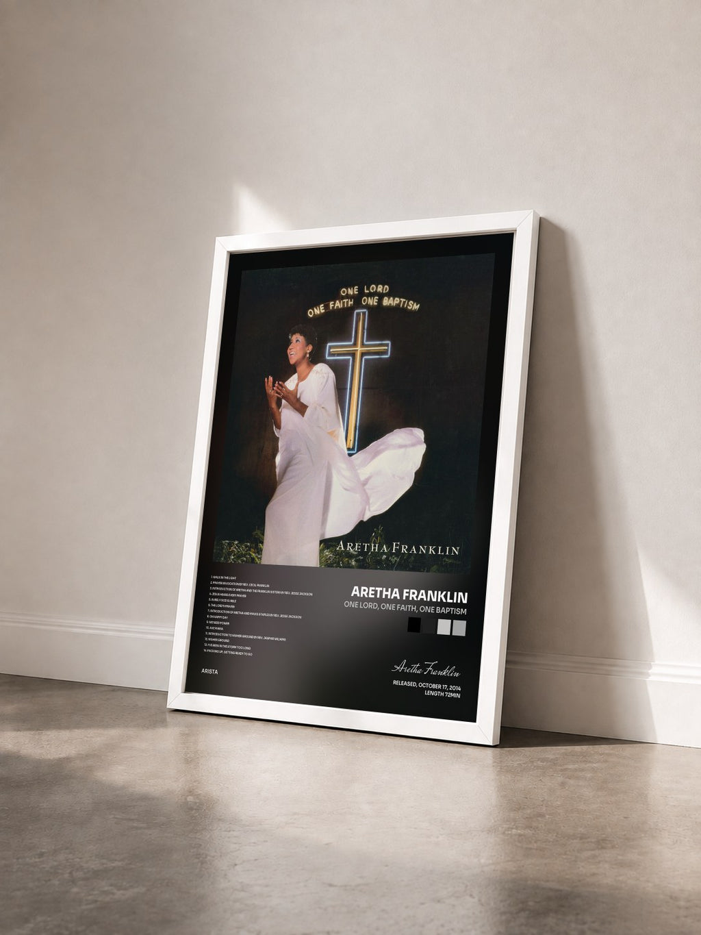 #blanc Tableau de l'album One Lord, One Faith, One Baptism de Aretha Franklin vu de trois quarts, cadre blanc