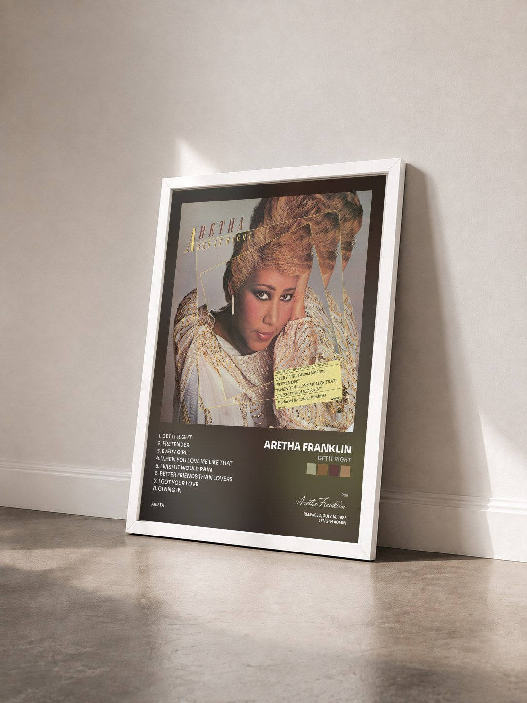 #blanc Get It Right von Aretha Franklin als gerahmter Kunstdruck von schräg gesehen, weißer Rahmen