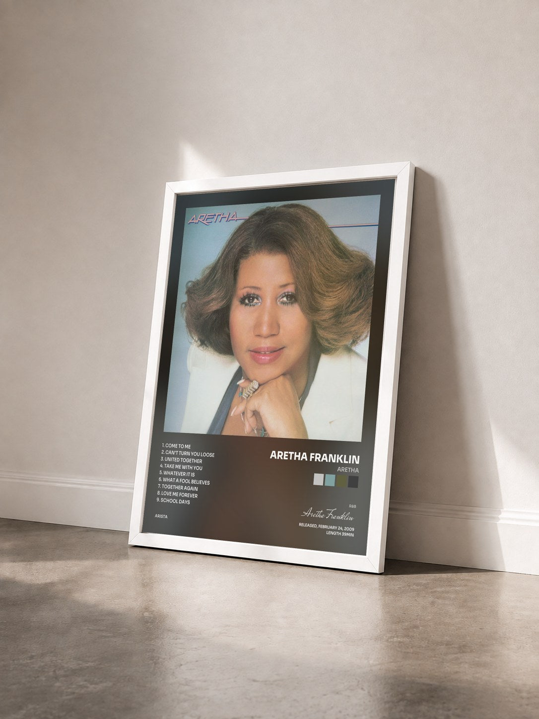 #blanc Tableau de l'album Aretha de Aretha Franklin vu de trois quarts, cadre blanc