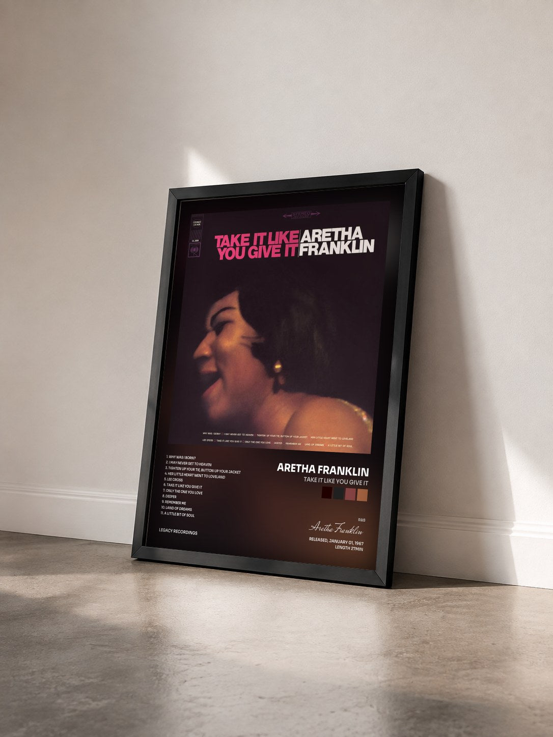 #noir Tableau de l'album Take It Like You Give It de Aretha Franklin vu de trois quarts, cadre noir