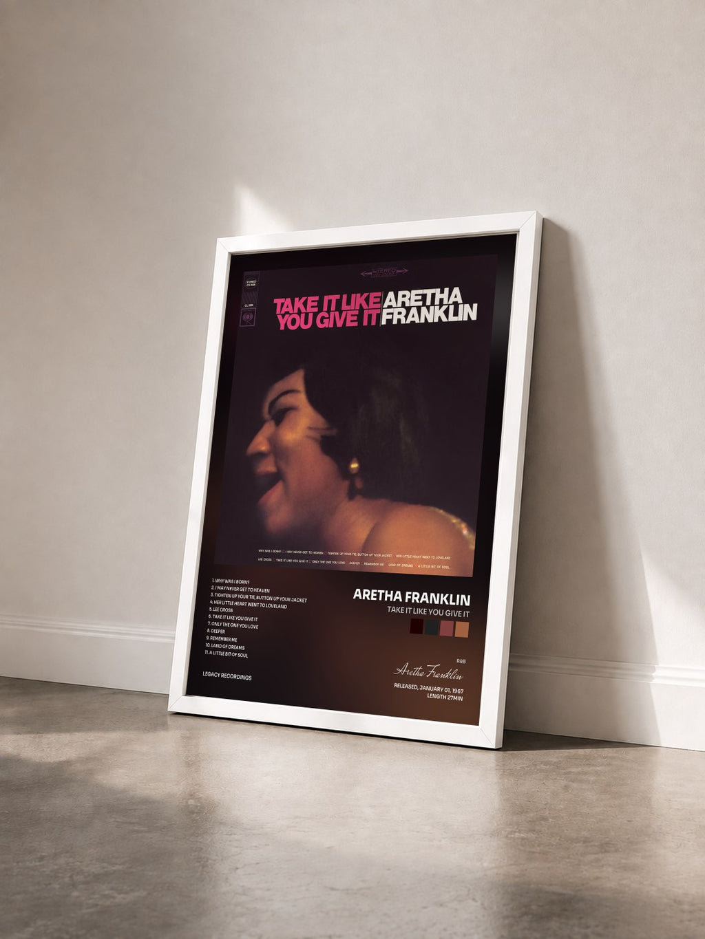 #blanc Tableau de l'album Take It Like You Give It de Aretha Franklin vu de trois quarts, cadre blanc