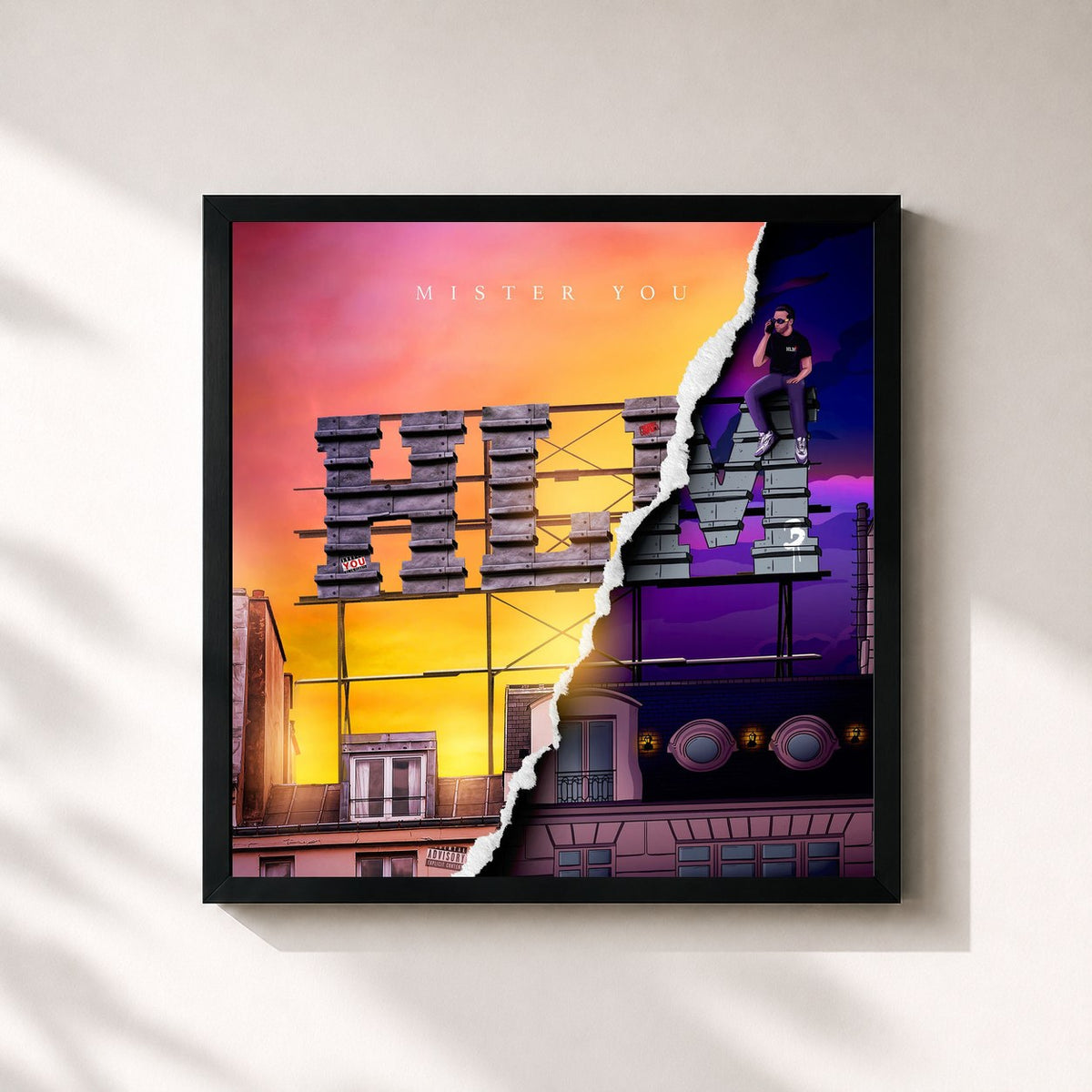 #noir Tableau carré de l'album HLM3 de Mister You, cadre noir 32x32 cm