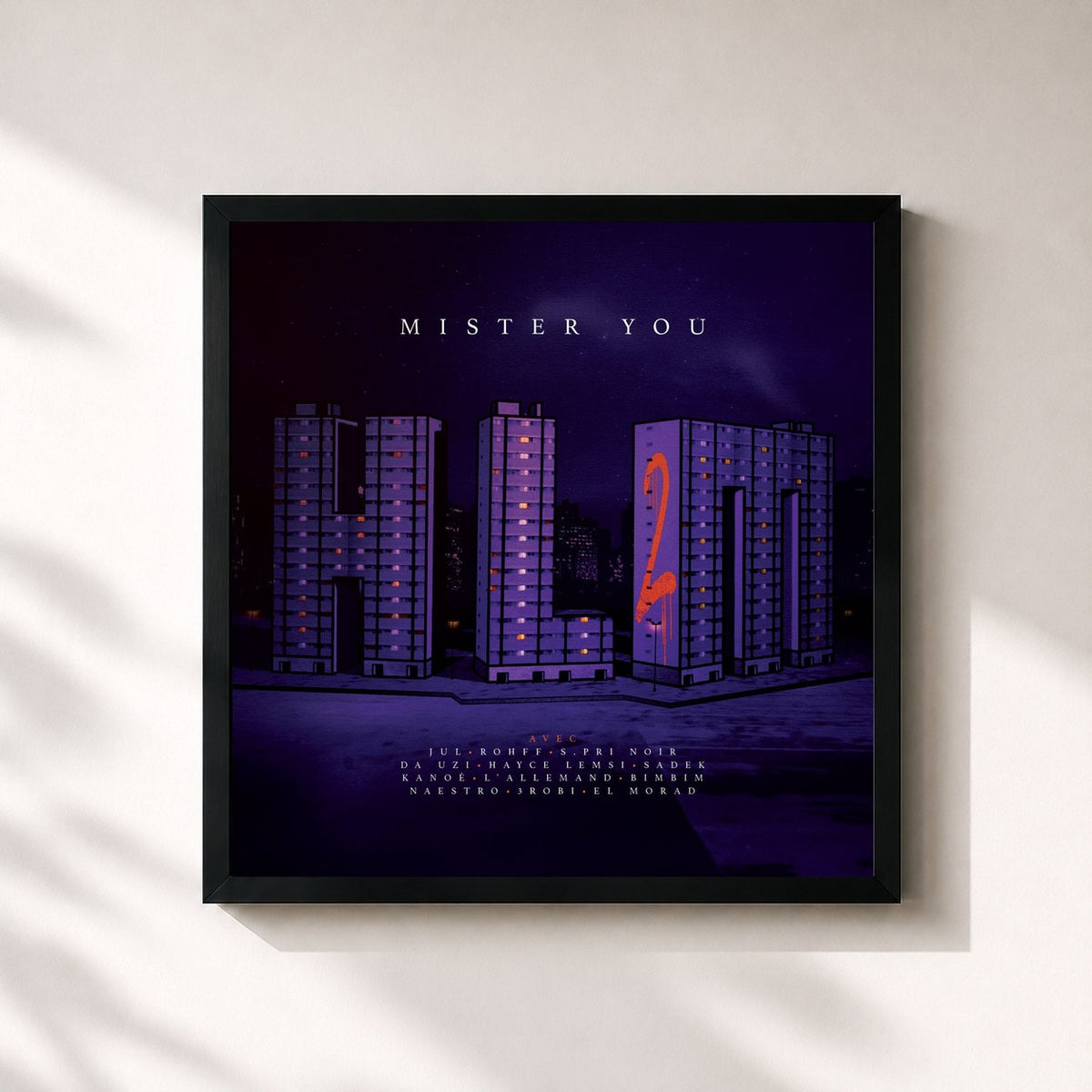 #noir Tableau carré de l'album HLM2 de Mister You, cadre noir 32x32 cm