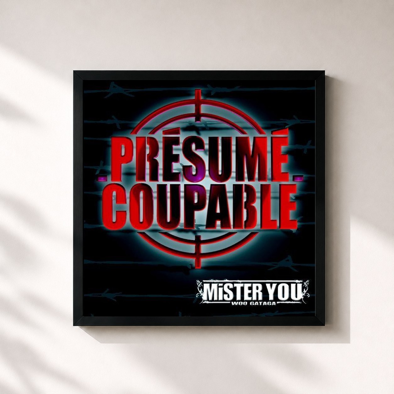 #noir Présumé coupable by Mister You as a square framed art print, black 32x32 cm frame