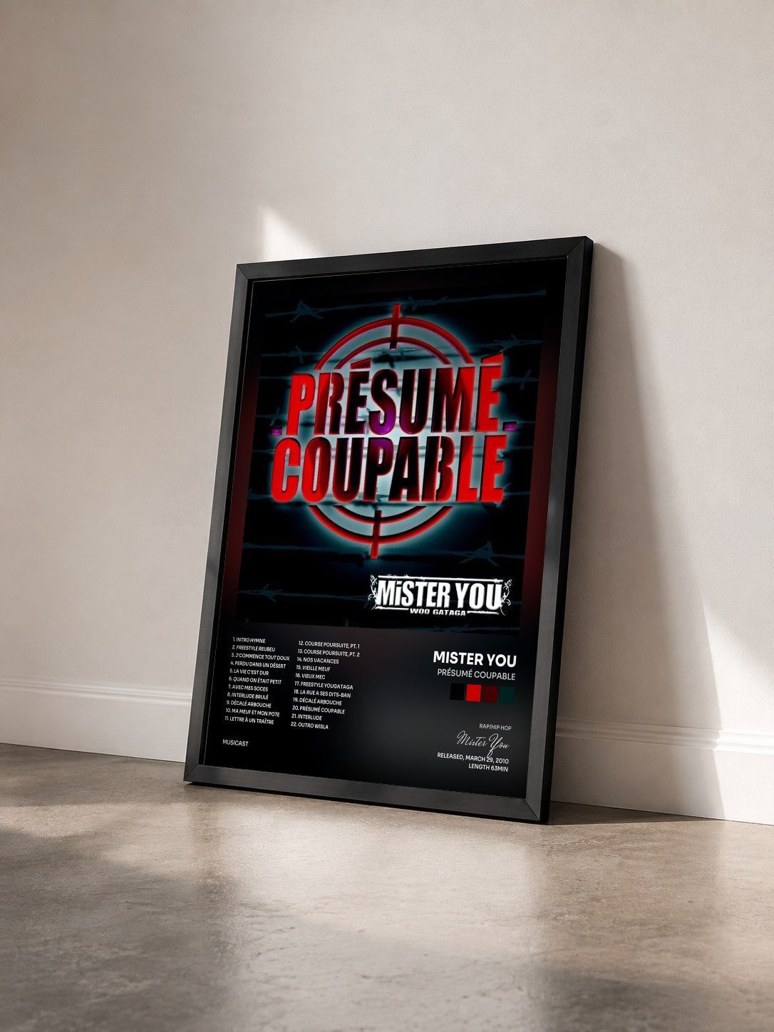 #noir Présumé coupable by Mister You as a framed art print seen at an angle, black frame