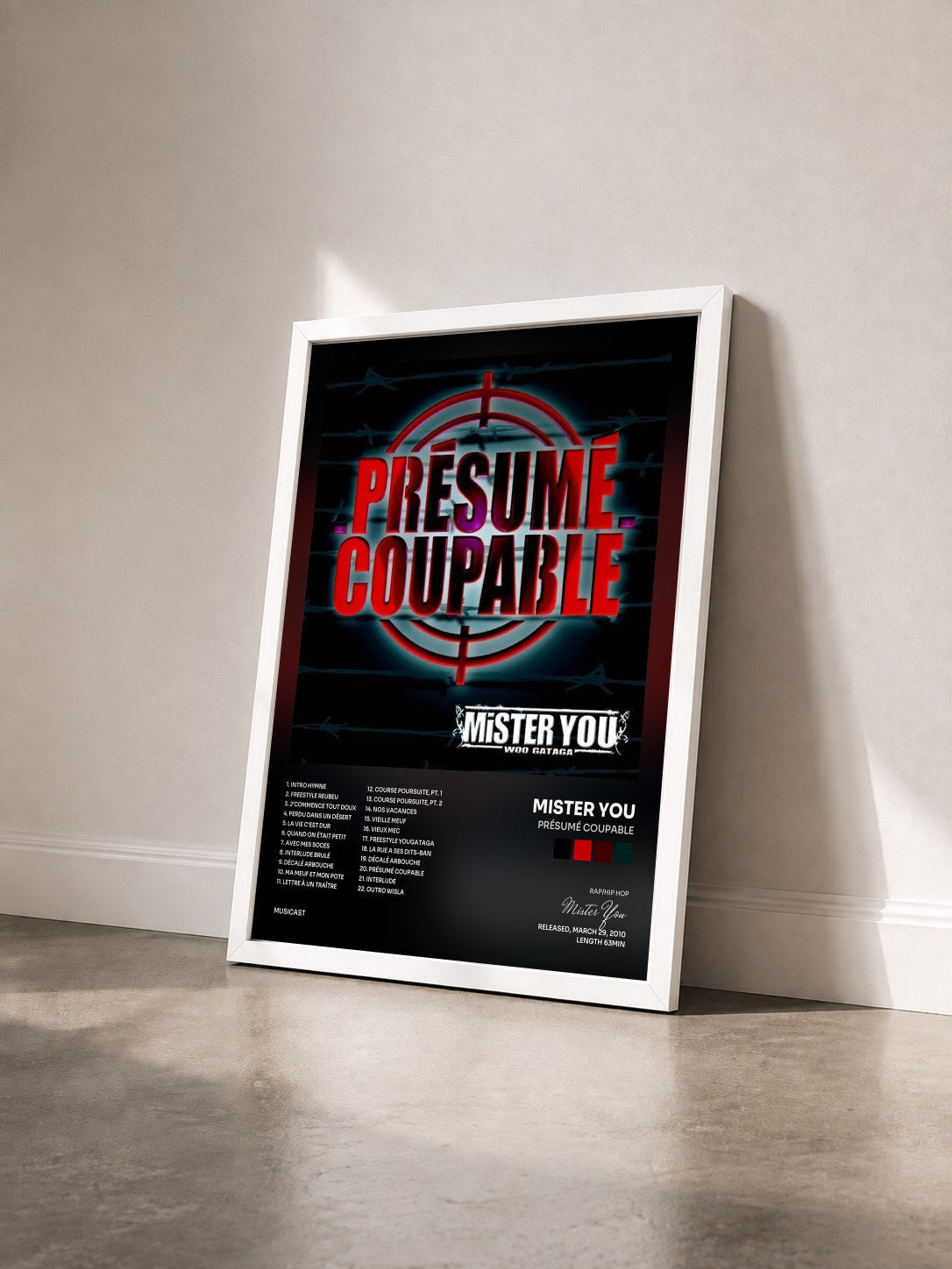 #blanc Présumé coupable by Mister You as a framed art print seen at an angle, white frame