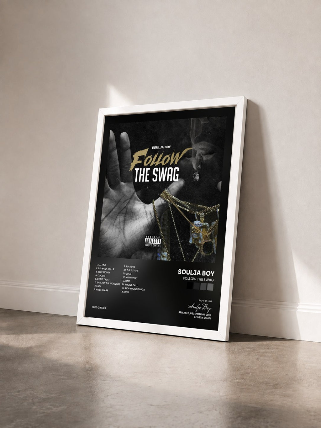 #blanc Tableau de l'album Follow The Swag de Soulja Boy vu de trois quarts, cadre blanc