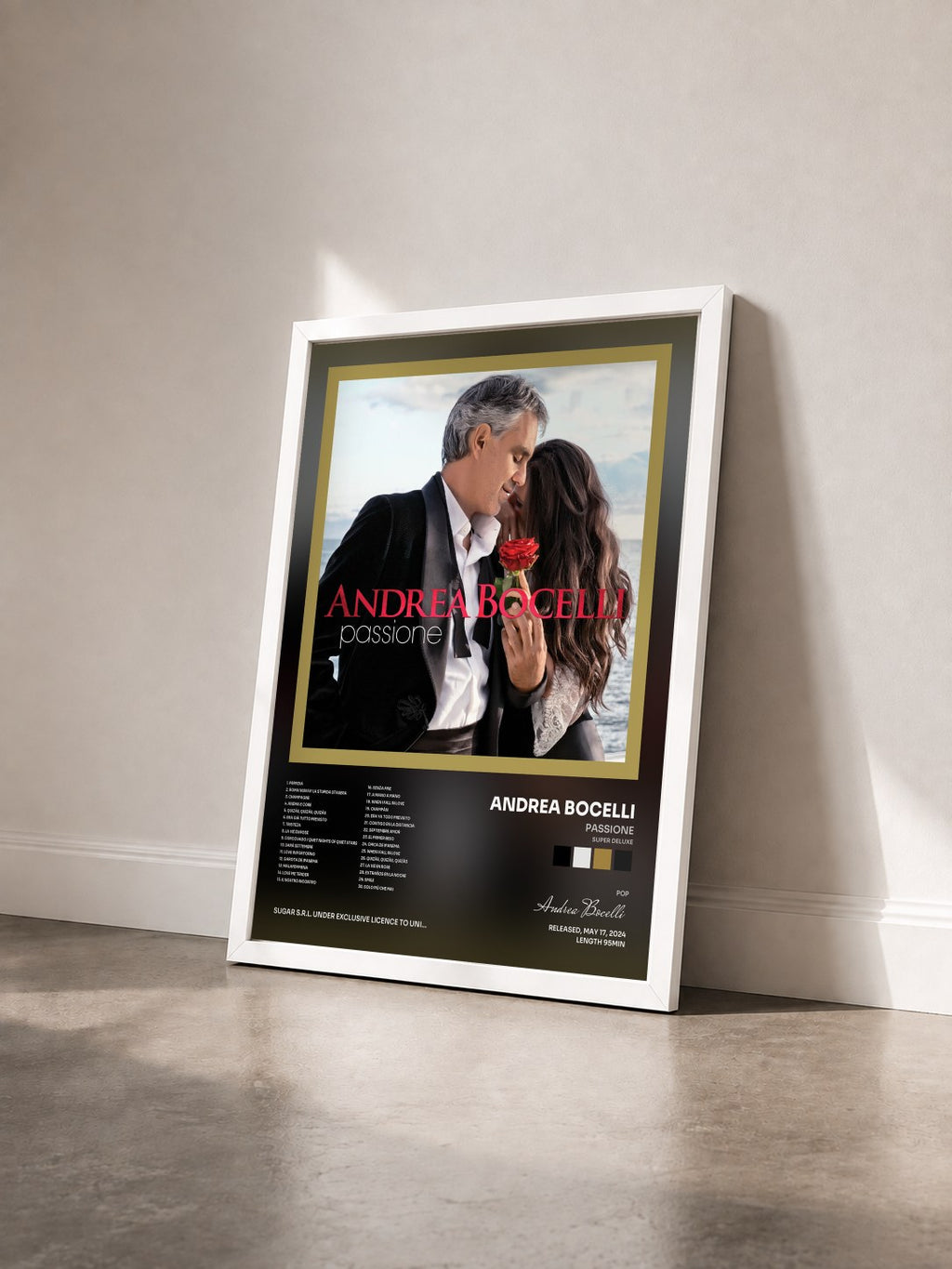 #blanc Tableau de l'album Passione (Super Deluxe) de Andrea Bocelli vu de trois quarts, cadre blanc