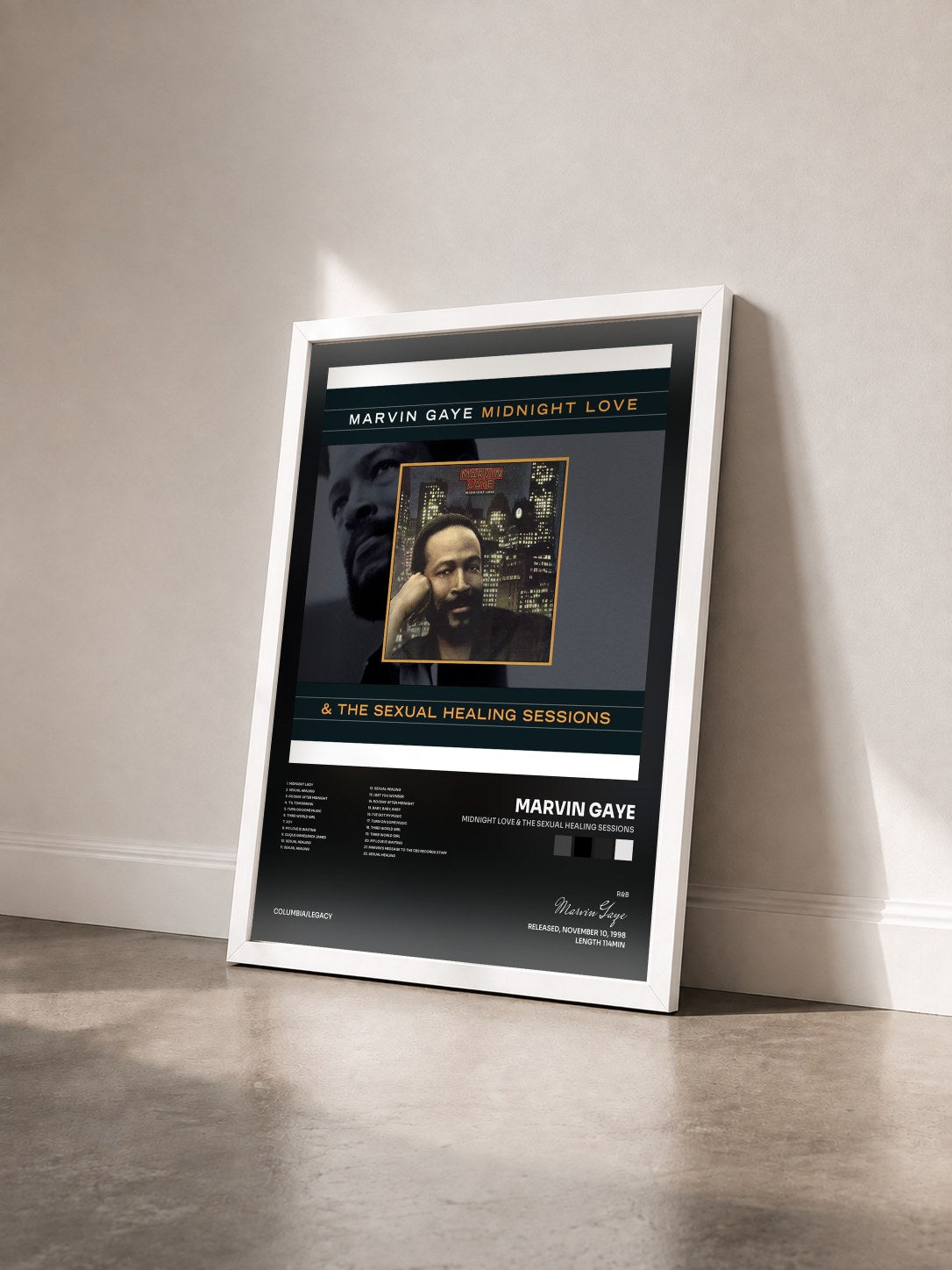 #blanc Tableau de l'album Midnight Love & The Sexual Healing Sessions de Marvin Gaye vu de trois quarts, cadre blanc