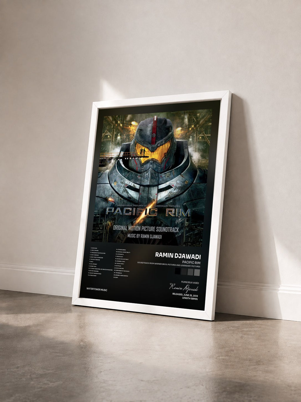 #blanc Pacific Rim (Soundtrack from Warner Bros. Pictures and Legendary Pictures) by Ramin Djawadi as a framed art print seen at an angle, white frame