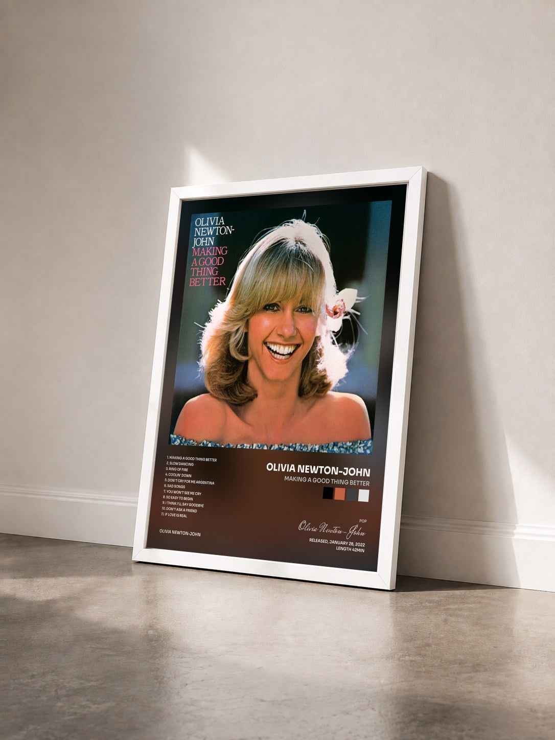 #blanc Tableau de l'album Making A Good Thing Better de Olivia Newton-John vu de trois quarts, cadre blanc