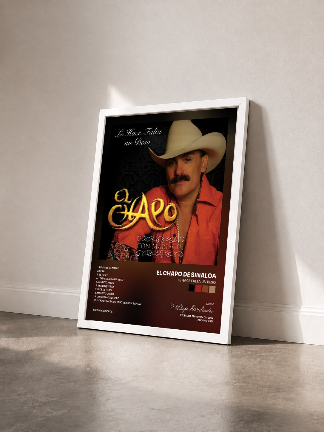 #blanc Tableau de l'album Le Hace Falta Un Beso de El Chapo De Sinaloa vu de trois quarts, cadre blanc