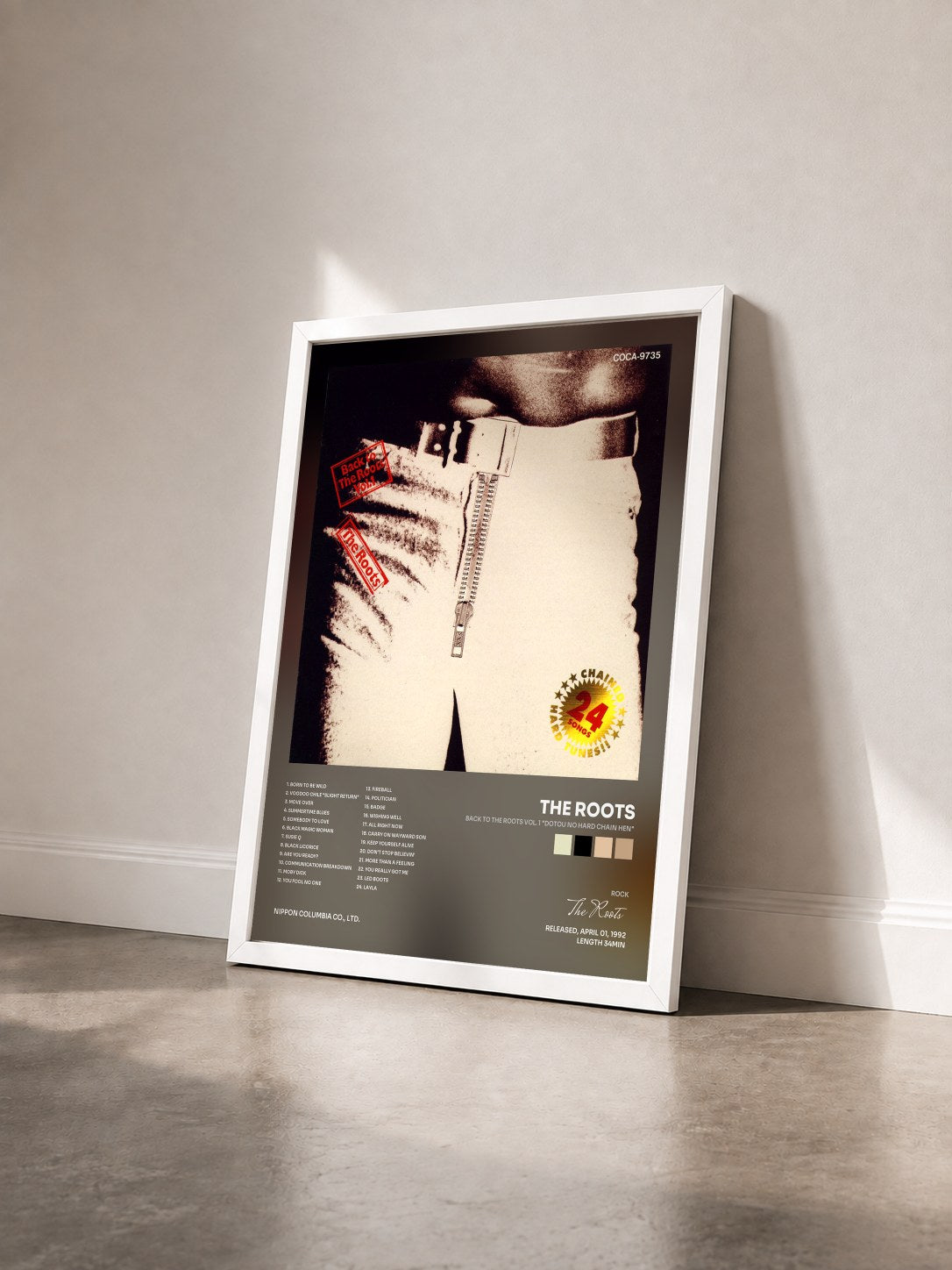 #blanc Tableau de l'album Back to the Roots Vol. 1 "Dotou No Hard Chain Hen" de The Roots vu de trois quarts, cadre blanc