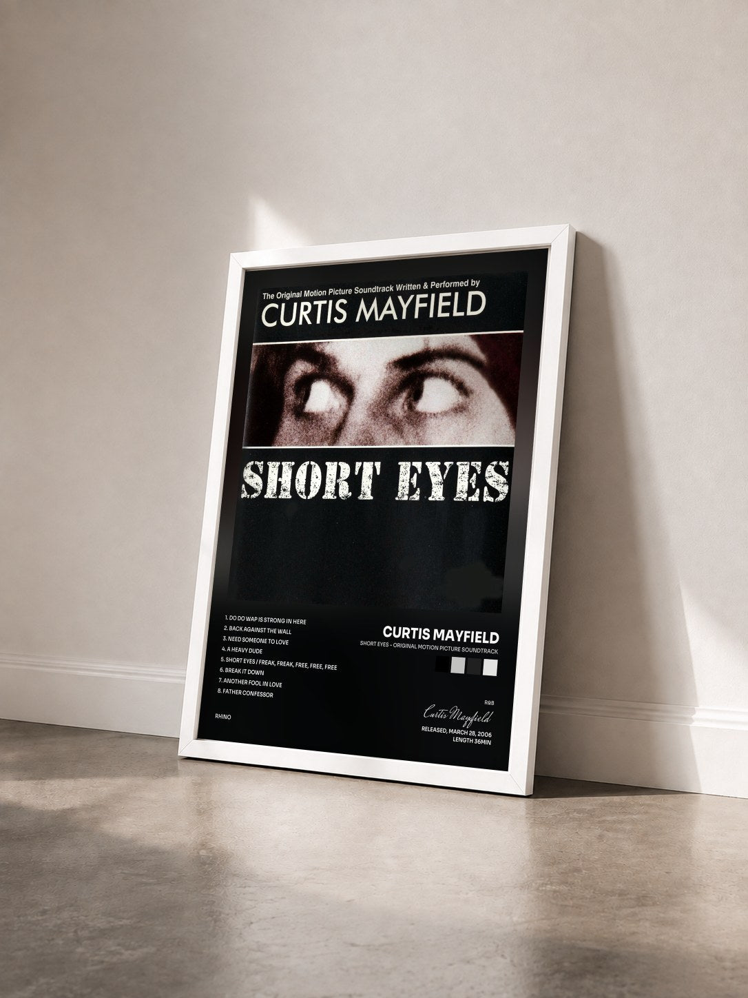 #blanc Tableau de l'album Short Eyes - Original Motion Picture Soundtrack de Curtis Mayfield vu de trois quarts, cadre blanc