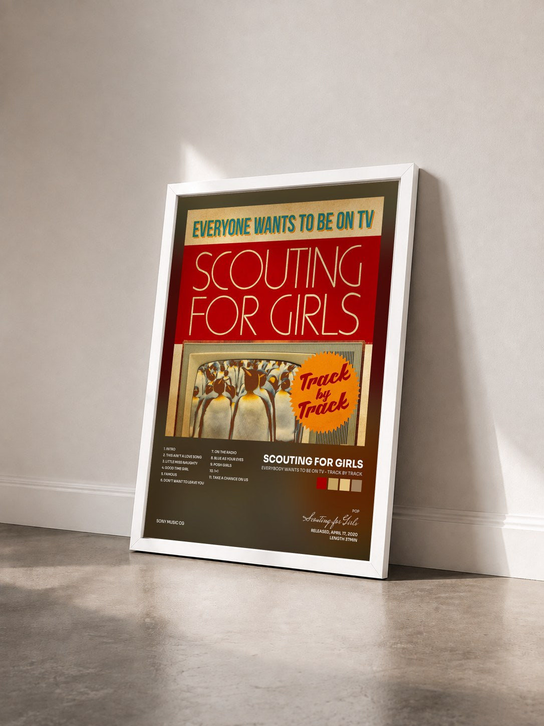 #blanc Tableau de l'album Everybody Wants To Be On TV - Track by Track de Scouting for Girls vu de trois quarts, cadre blanc