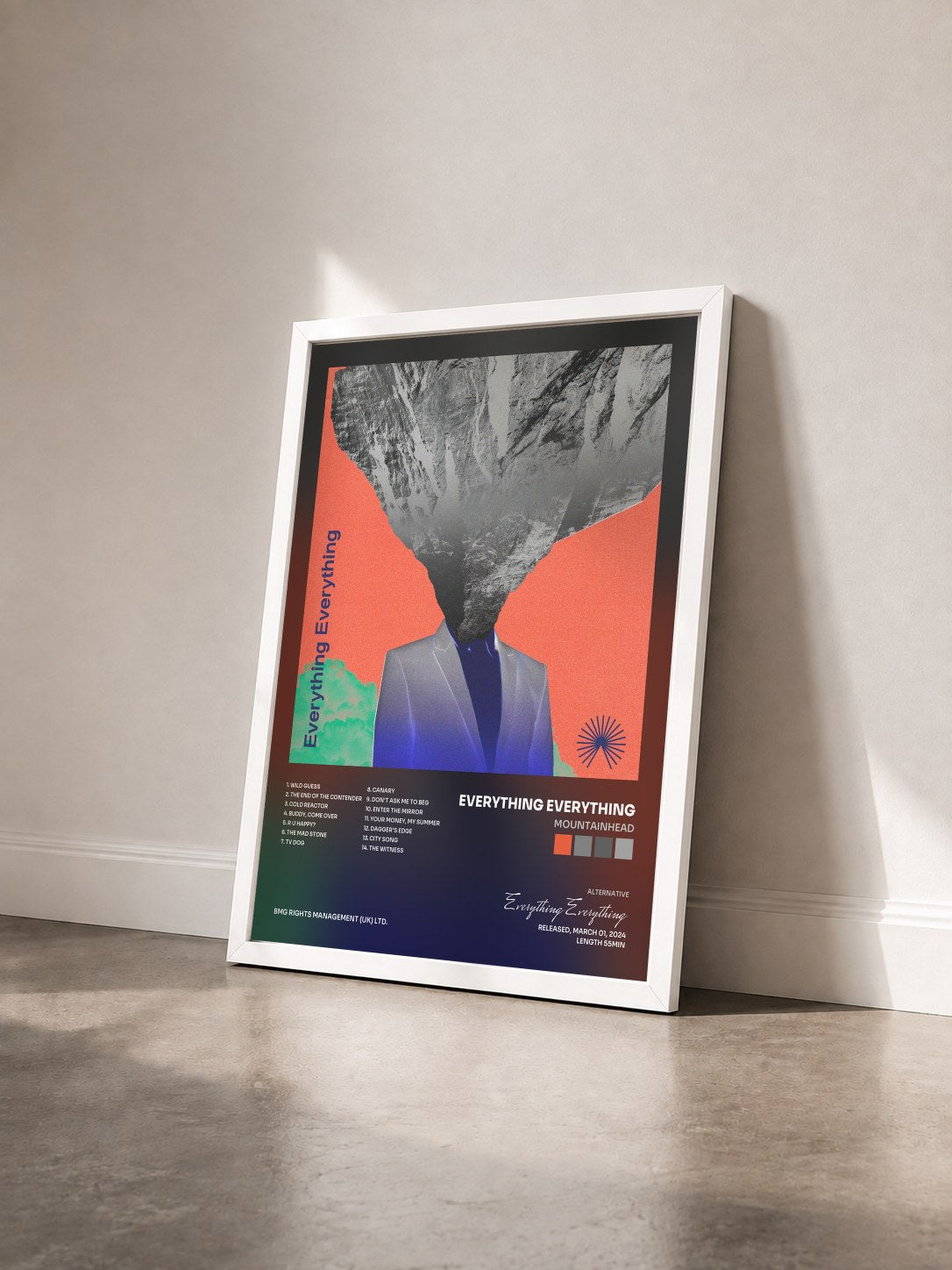 #blanc Tableau de l'album Mountainhead de Everything Everything vu de trois quarts, cadre blanc
