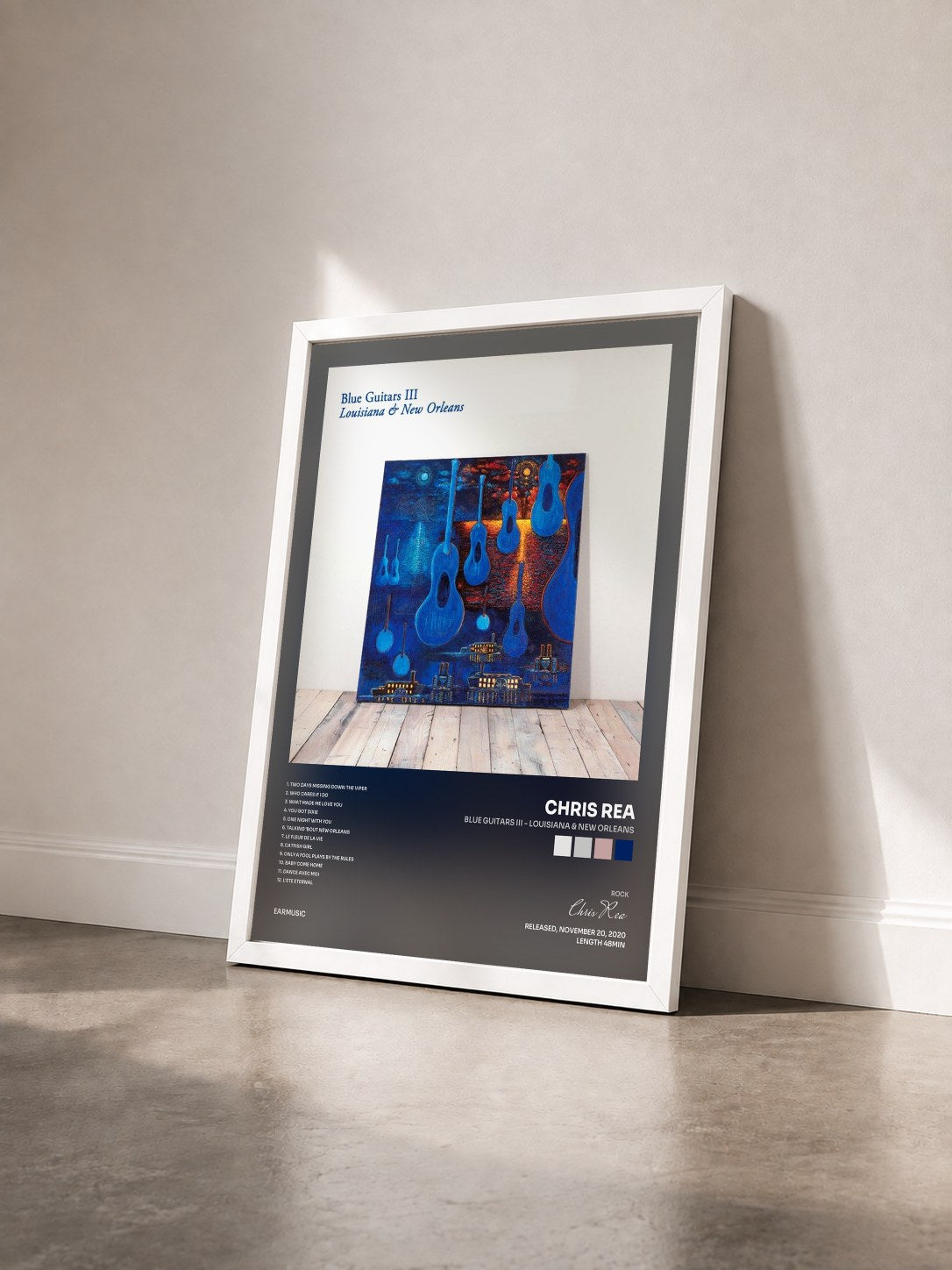 #blanc Tableau de l'album Blue Guitars III - Louisiana & New Orleans de Chris Rea vu de trois quarts, cadre blanc
