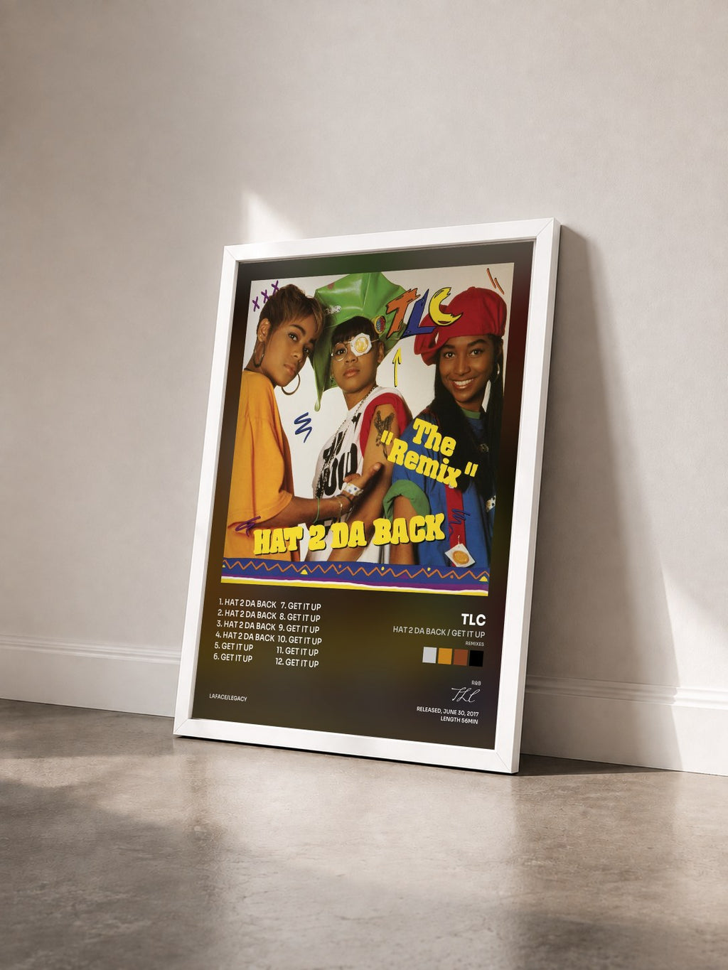 #blanc Hat 2 Da Back / Get It Up (Remixes) by TLC as a framed art print seen at an angle, white frame