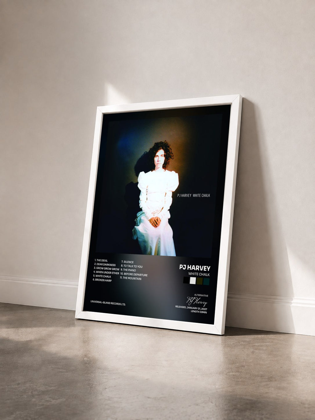 #blanc White Chalk by PJ Harvey as a framed art print seen at an angle, white frame