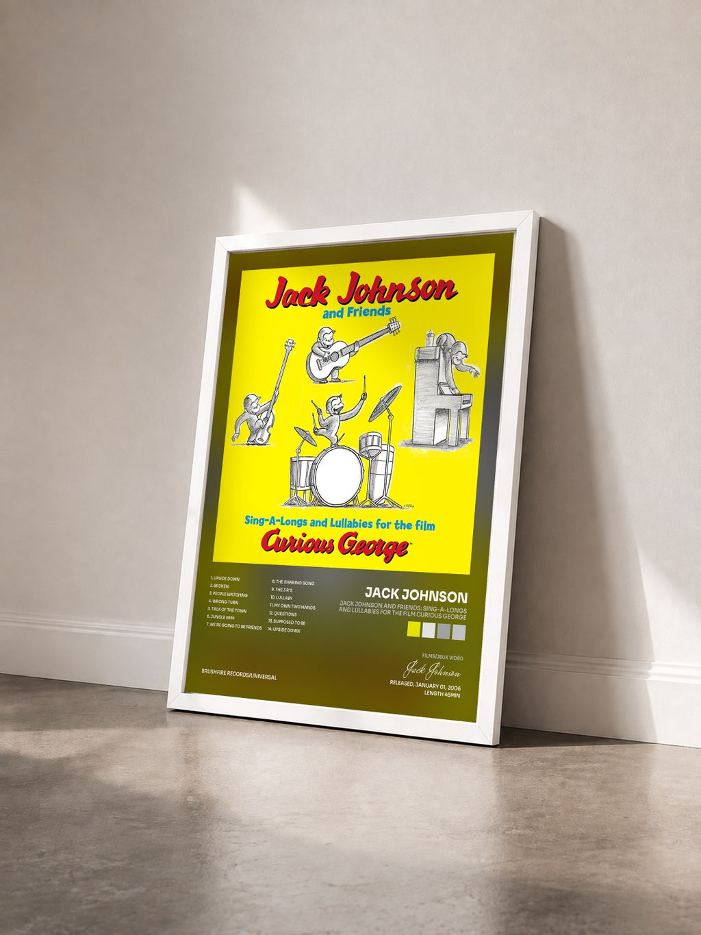 #blanc Jack Johnson And Friends: Sing-A-Longs And Lullabies For The Film Curious George by Jack Johnson as a framed art print seen at an angle, white frame