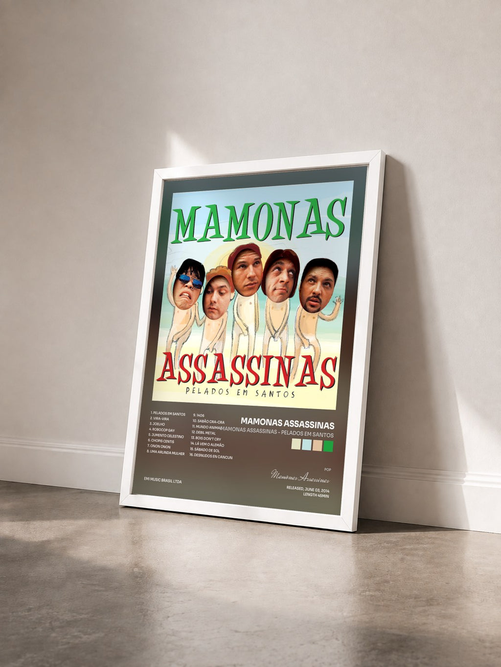 #blanc Mamonas Assassinas - Pelados Em Santos de Mamonas Assassinas en lámina enmarcada vista de tres cuartos, marco blanco