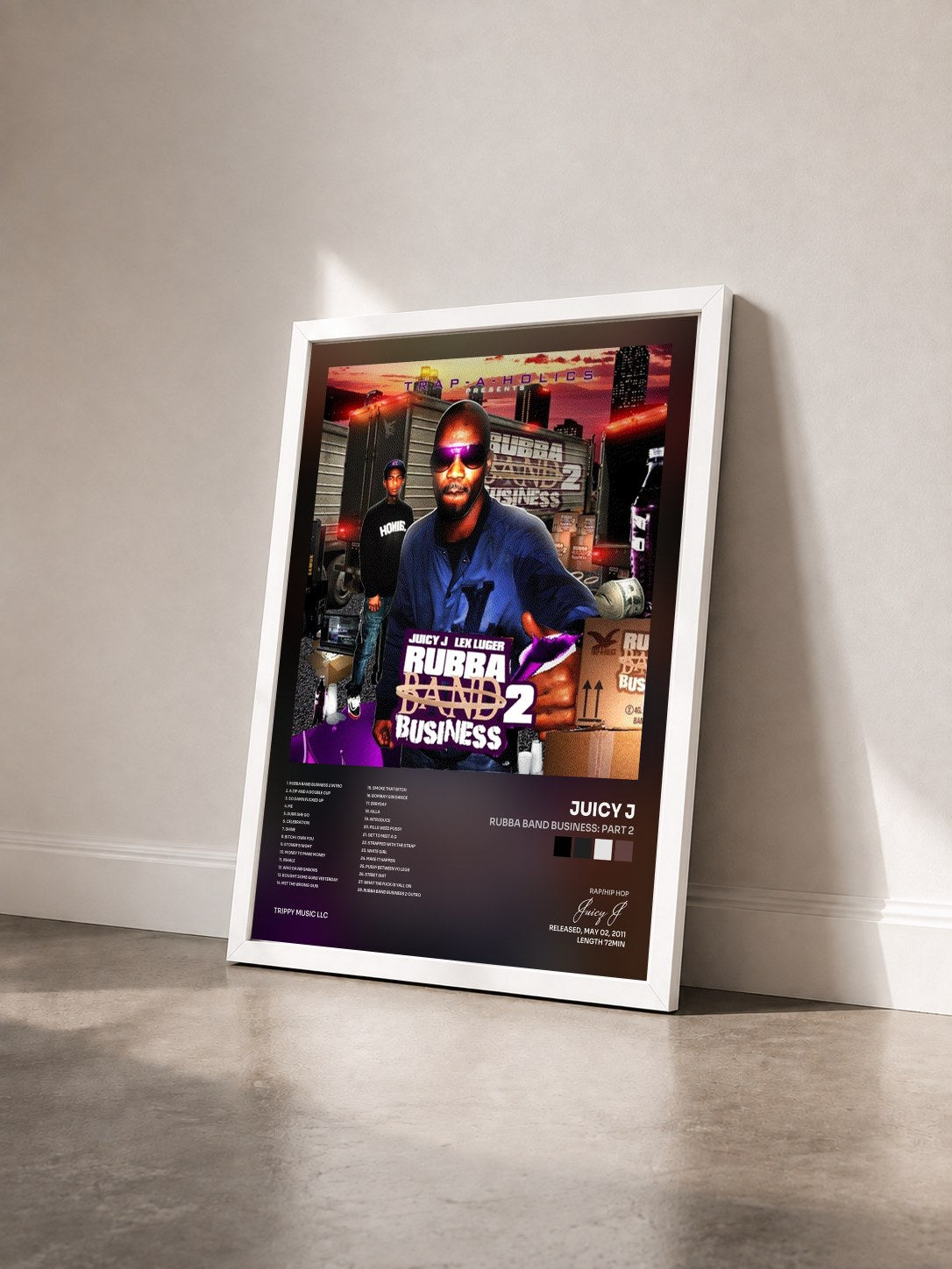 #blanc Tableau de l'album Rubba Band Business: Part 2 de Juicy J vu de trois quarts, cadre blanc