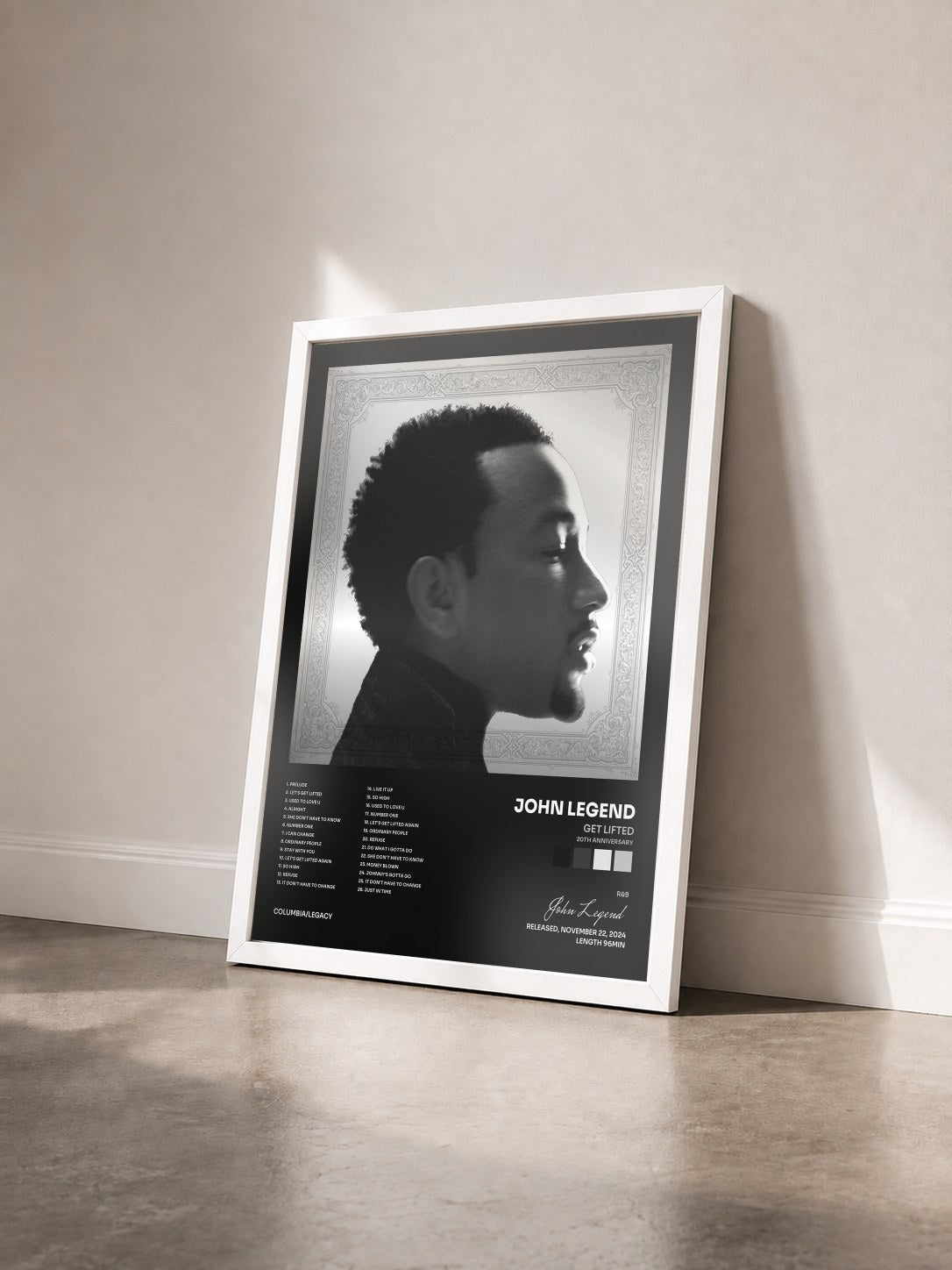 #blanc Tableau de l'album Get Lifted (20th Anniversary) de John Legend vu de trois quarts, cadre blanc