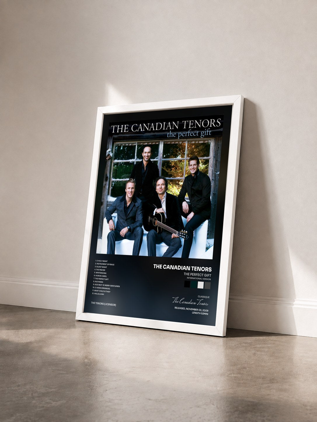 #blanc Tableau de l'album The Perfect Gift (International Version) de The Canadian Tenors vu de trois quarts, cadre blanc