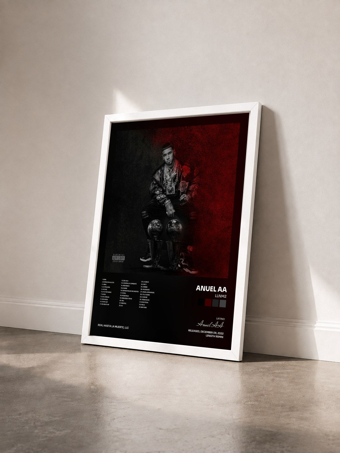 #blanc Tableau de l'album LLNM2 de Anuel AA vu de trois quarts, cadre blanc
