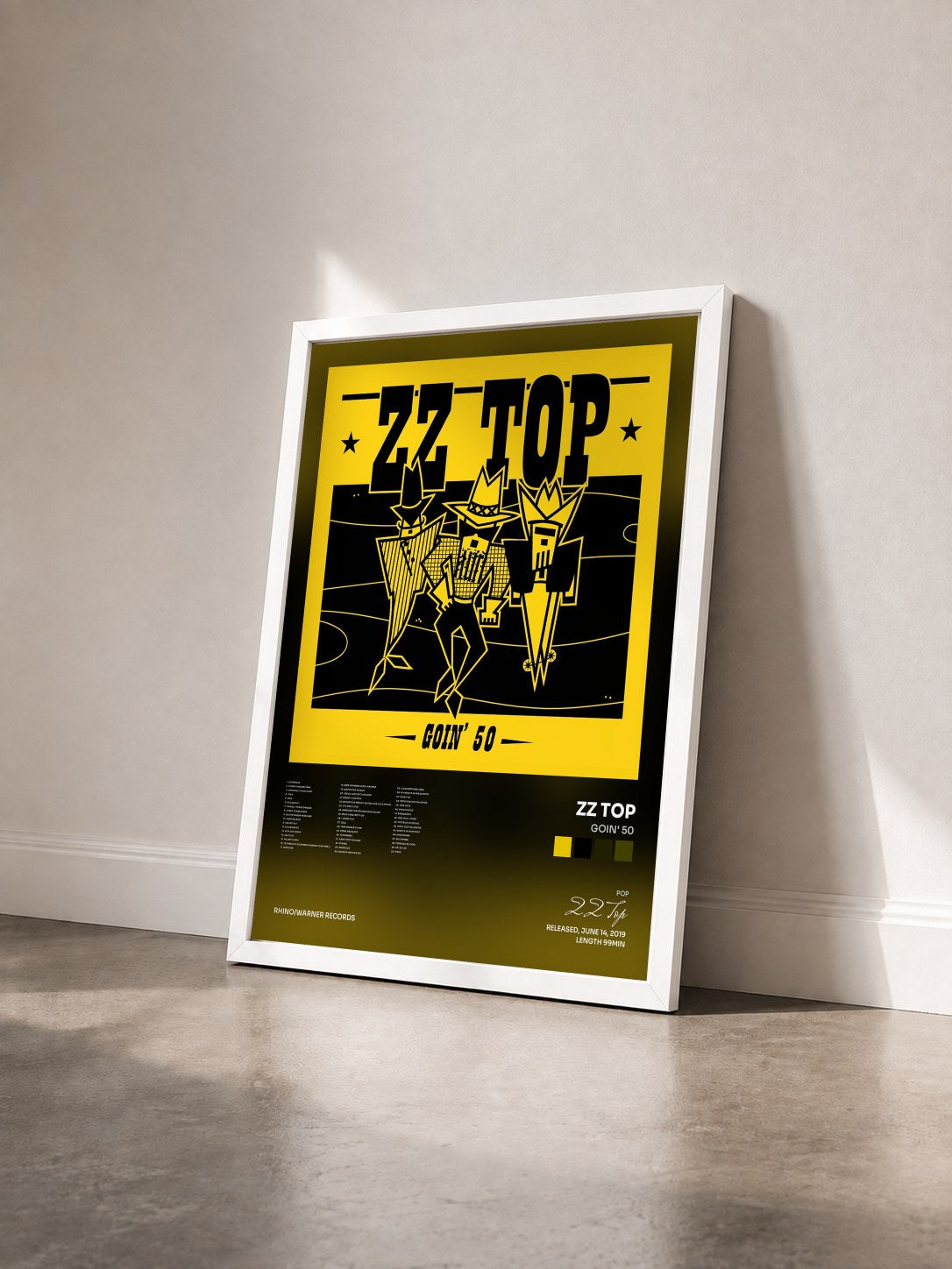 #blanc Tableau de l'album Goin' 50 de ZZ Top vu de trois quarts, cadre blanc
