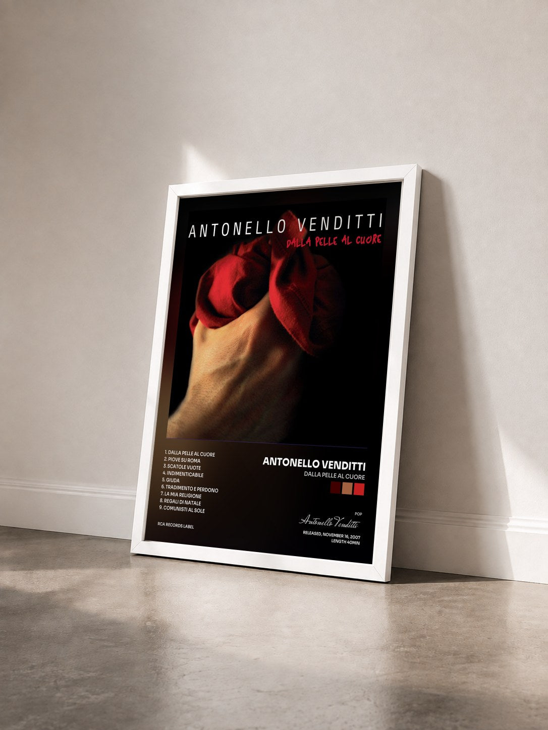 #blanc Tableau de l'album Dalla pelle al cuore de Antonello Venditti vu de trois quarts, cadre blanc