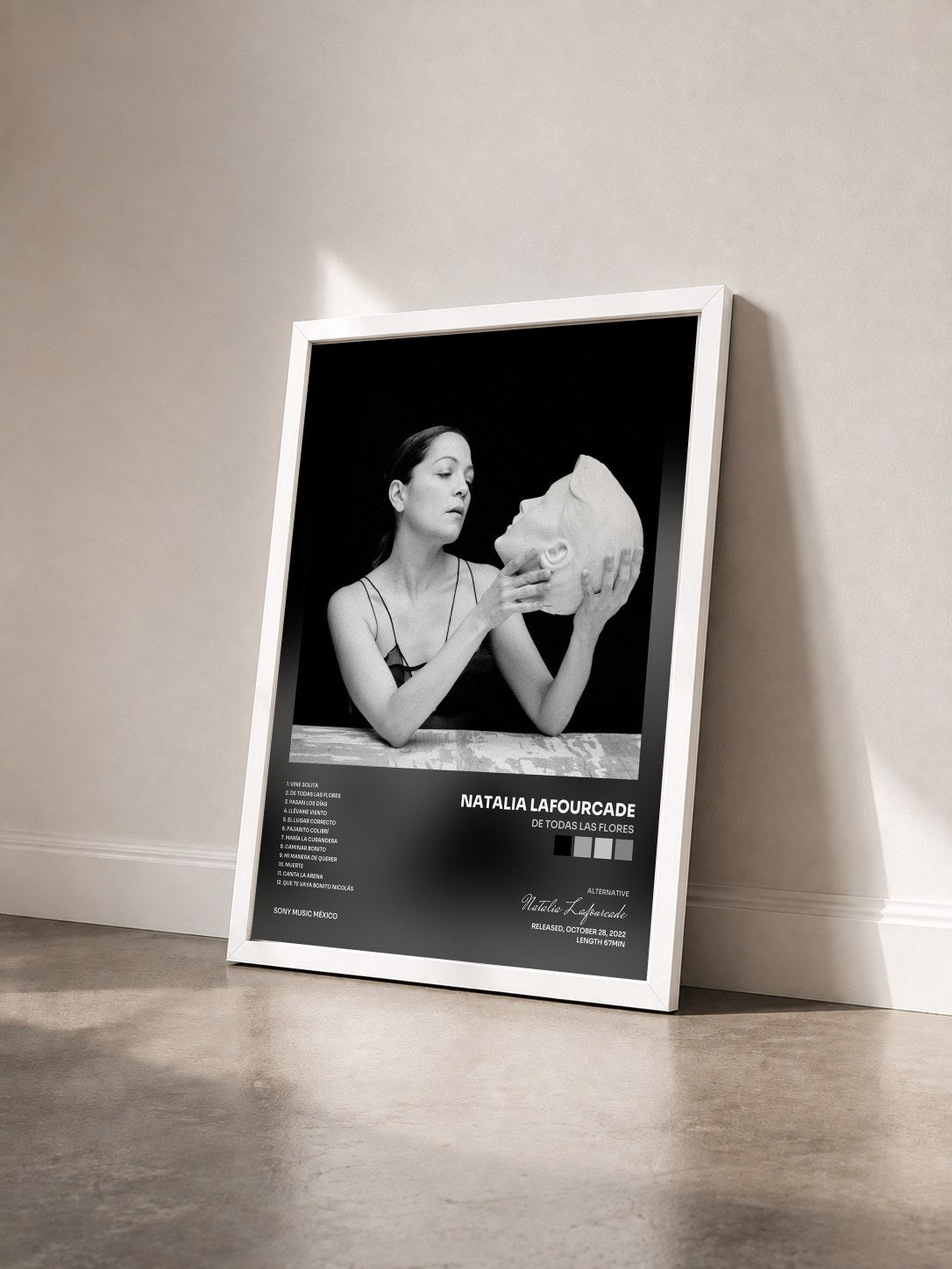 #blanc Tableau de l'album De Todas las Flores de Natalia Lafourcade vu de trois quarts, cadre blanc