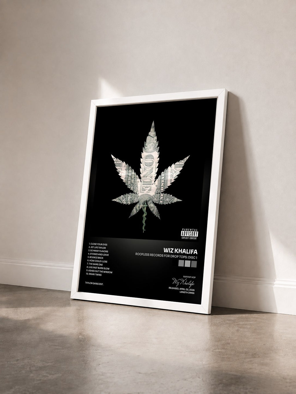 #blanc Roofless Records For Drop Tops: Disc 1 by Wiz Khalifa as a framed art print seen at an angle, white frame