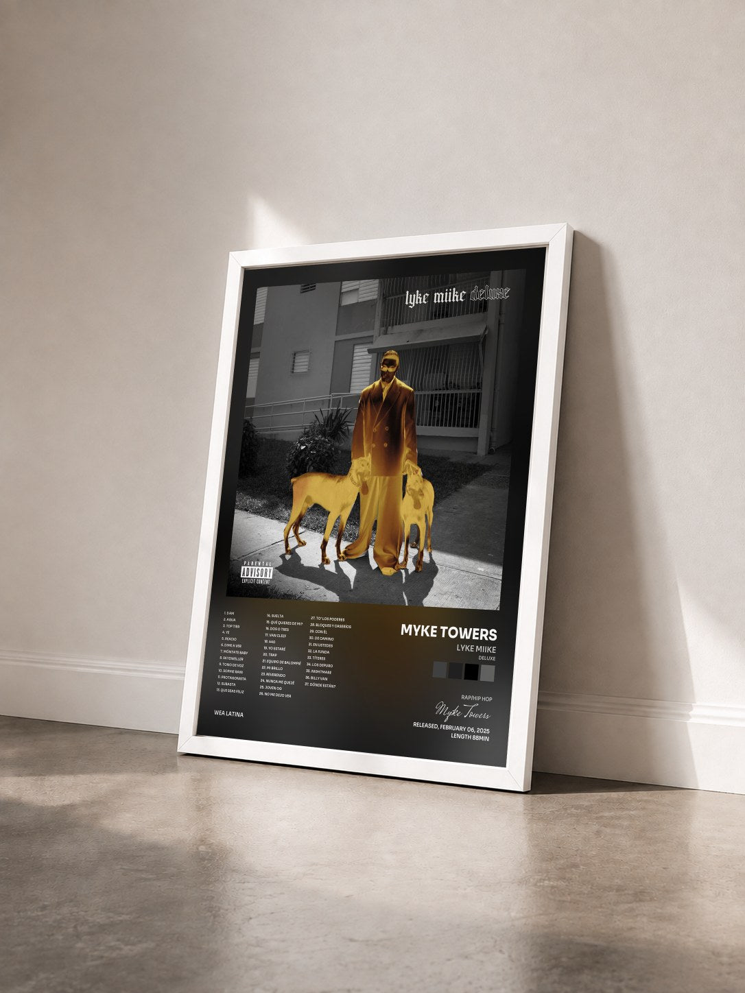#blanc LYKE MIIKE (DELUXE) by Myke Towers as a framed art print seen at an angle, white frame