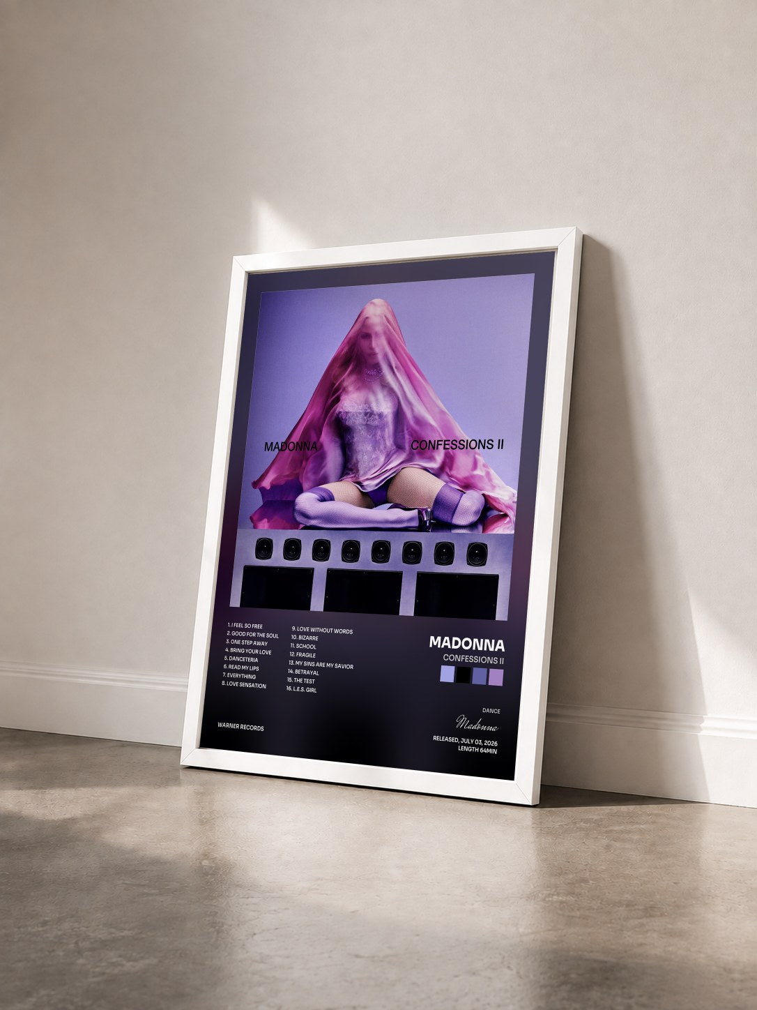 #blanc Tableau de l'album CONFESSIONS II de Madonna vu de trois quarts, cadre blanc