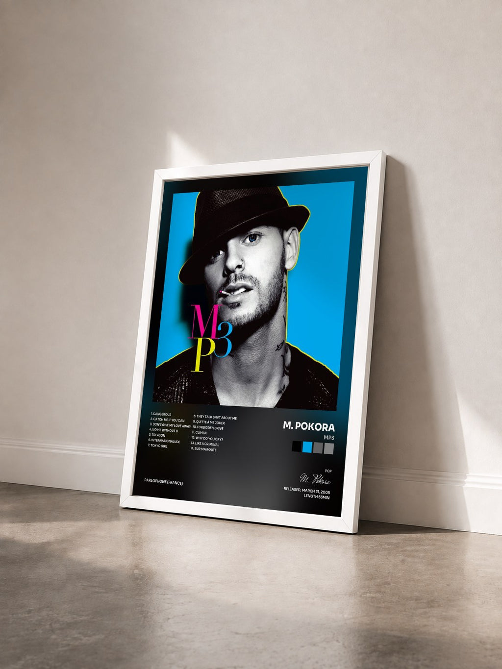 #blanc Tableau de l'album Mp3 de M. Pokora vu de trois quarts, cadre blanc